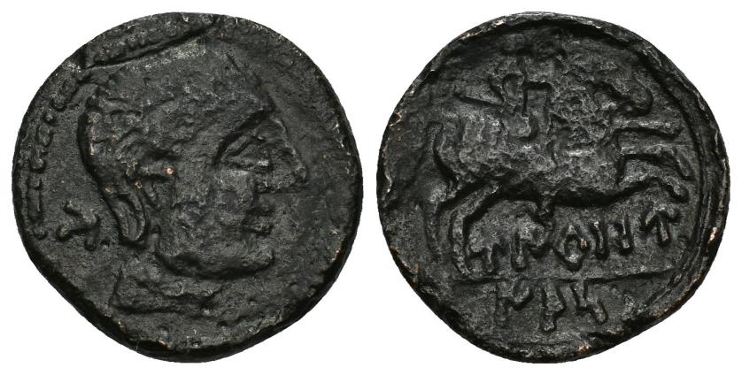 165   -  HISPANIA ANTIGUA. UIROUIAS. As. A/ Cabeza masculina con collar a der., detrás U. R/ Jinete lancero a der., debajo UIOU/IAS, con línea en medio. AE 7,25 g. 24,8 mm. I-2483. ACIP-1924 vte. sin línea en rev. Raya en anv. Pátina oscura.