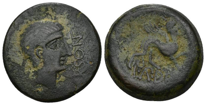 166   -  HISPANIA ANTIGUA. URSO. As. A/ Cabeza masculina diademada a der., delante (VR)SONE. R/ Esfinge a der., debajo L AP DE(C). AE 34,60 g. 34,32 mm. I-2501. ACIP-2323. Pátina oscura. MBC-/BC+. Rara. Ex Áureo, 26-4-1994, lote 522.