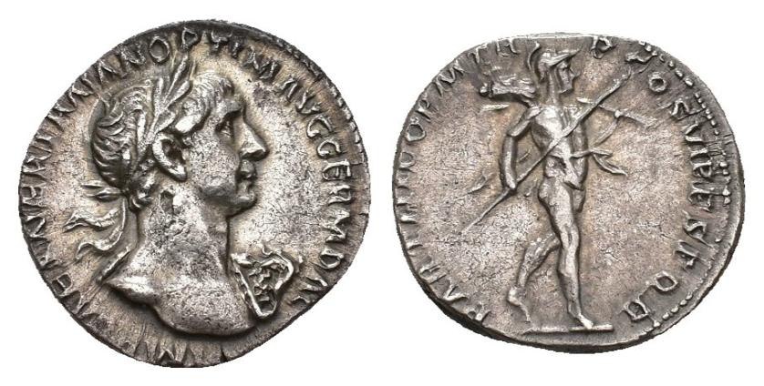 294   -  IMPERIO ROMANO. TRAJANO. Denario. Roma (114). a/ Busto laureado y con égida a der.; IMP CAES NER TRAIAN OPTIM AVG GERM DAC. R/ Marte avanzando a der. con lanza y trofeo; PARTHICO P M TR P COS VI VI P P S P Q R. AR 3,01 g. 17,5 mm. RIC-331 vte. (busto). Hojita en anv. MBC+. 