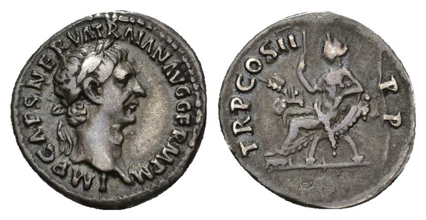 296   -  IMPERIO ROMANO. TRAJANO. Denario. Roma (98-99 d.C.). A/ Cabeza laureada a der.; IMP CAES NERVA TRAIAN AVG GERM P M. R/ Abundantia con cetro sentada a izq. en asiento con cornucopias cruzadas; TR P COS II P P. AR 3,31 g. 17,8 mm. RIC-no. MBC/MBC-. 