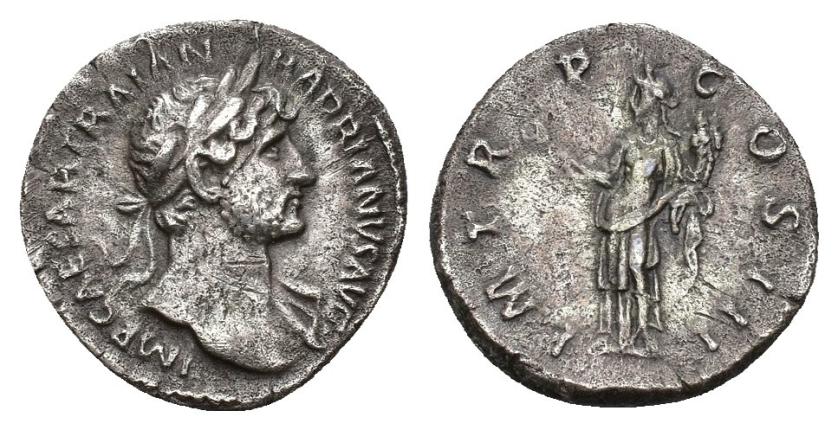 305   -  IMPERIO ROMANO. ADRIANO. Denario. Roma (119-120). A/ Busto laureado y drapeado al hombro a der.; IMP CAESAR TRAIAN HADRIANVS AVG. R/ Felicitas a izq. con caduceo y cornucopia; P M TR P COS III. AR 3,17 g. 18,5 mm. RIC-221. Pequeñas marcas. MBC-/MBC.