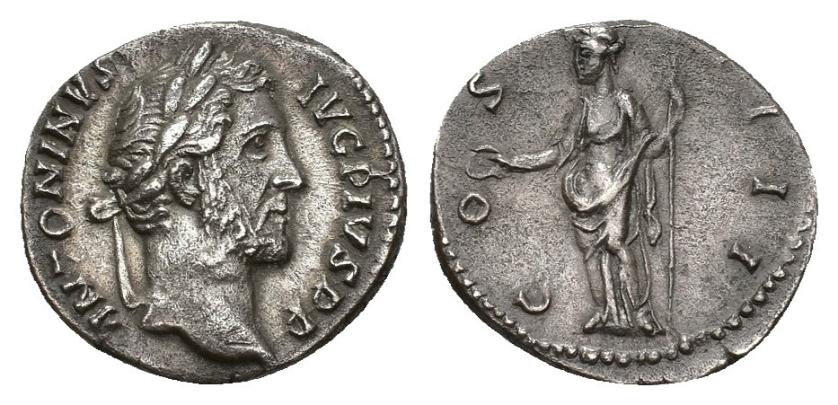 324   -  IMPERIO ROMANO. ANTONIO PÍO. Denario. Roma (145-161). A/ Cabeza laureada a der.; ANTONINVS AVG PIVS P P. R/ Concordia a izq. con pátera y cetro; COS III. AR 3,28 g. 17,9 mm. RIC-129. Porosidades. MBC/MBC+.