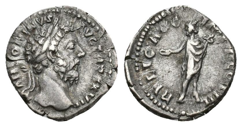 332   -  IMPERIO ROMANO. MARCO AURELIO. Denario. Roma (172-173). A/ Cabeza laureada a der.; M ANTONINVS AVG TR P XXVII. R/ Mercurio con pátera y caduceo; RELIG AVG IMP VI COS III. AR 3,15 g. 18,9 mm. RIC-285. MBC/MBC-. 