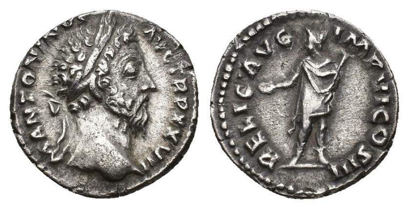 333   -  IMPERIO ROMANO. MARCO AURELIO. Denario. Roma (172-173). A/ Cabeza laureada a der.; M ANTONINVS AVG TR P XXVII. R/ Mercurio mirando a izq. con caduceo y pátera; RELIG AVG IMP VI COS III. AR 3,32 g. 21,5 mm. RIC-285. MBC/MBC+. 