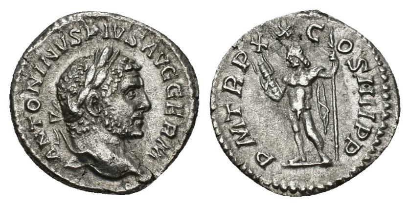 368   -  IMPERIO ROMANO. CARACALLA. Denario. Roma (217). A/ Cabeza laureada a der.; ANTONINVS PIVS AVG GERM. R/ Júpiter a izq. con cetro y haz de rayos; P M TR P XX COS IIII P P. AR 2,9 g. 18,4 mm. RIC-285A. MBC.