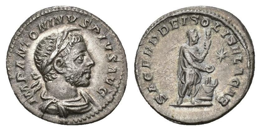 374   -  IMPERIO ROMANO. HELIOGÁBALO. Denario. Roma (218-222). A/ Busto laureado, drapeado y acorazado a der.; IMP ANTONINVS PIVS AVG. R/ Heliogábalo como sacerdote sirio, con clava, ofrendando en altar a der., en campo estrella; SACERD DEI SOLIS ELAGAB. AR 3,48 g. 18,6 mm. RIC-135. MBC+.