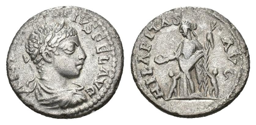 375   -  IMPERIO ROMANO. HELIOGÁBALO. Denario. Antioquía (218-222). A/ Busto laureado y drapeado a der.; AN(TONINV)S PIVS FEL AVG. R/ Hilaritas a izq. con corona, palma y flanqueada por dos niños; HILARITAS AVG. Ar 3,66 g. 18,3 mm. RIC-190d. MBC-. 