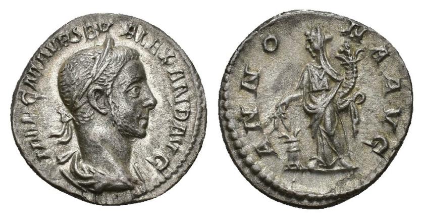 380   -  IMPERIO ROMANO. ALEJANDRO SEVERO. Denario. Roma (222-228). A/ Cabeza laureada y drapeada a der.; IMP C M AVR SEV ALEXAND AVG. R/ Annona a izq. con cornucopia y espigas, a sus pies modio; ANNONA AVG. Ar 2,78 g. 18,3 mm. RIC-133. MBC/MBC+.