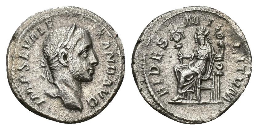 381   -  IMPERIO ROMANO. ALEJANDRO SEVERO. Denario. Roma (228-231). A/ Cabeza laureada a der.; IMP SEV ALEXAND AVG. R/ Fides sentada a izq. con dos estandartes; FIDES MILITVM. AR 2,36 g. 19 mm. RIC-193a. MBC-/MBC+.