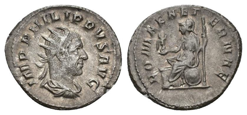 394   -  IMPERIO ROMANO. FILIPO I. Antoniniano. Roma (247-249). A/ Busto radiado y drapeado a der.; IMP PHILIPPVS AVG. R/ Roma sentada sobre su escudo a izq. con Victoria y lanza; ROMAE AETERNAE. VE 3,98 g. 23,2 mm. RIC-65. MBC.