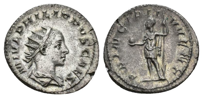 397   -  IMPERIO ROMANO. FILIPO II. Antoniniano. Antioquía (244-249). A/ Busto radiado y drapeado a der.; M IVL PHILIPVS CAES. R/ Filipo II en traje militar a izq. con globo y lanza; PRINCIPI IVVENT. VE 4,02 g. 22,7 mm. RIC-254. MBC+.