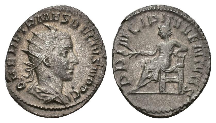 401   -  IMPERIO ROMANO. HERENIO ETRUSCO. Antoniniano. Roma (250-251). A/ Busto radiado y drapeado a der.; Q HER ETR MES DECIVS NOB C. R/ Apolo sentado a izq. con rama y apoyado en lira; PRINCIPI IVVENTVTIS. VE 3,91 g. 20,8 mm. RIC-146. MBC.