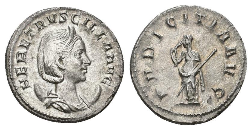 402   -  IMPERIO ROMANO. HERENIA ETRUSCILLA. Antoniniano. Roma (249-251). A/ Busto diademado y drapeado sobre creciente a der.; HER ETRVSCILLA AVG. R/ Pudicitia con cetro a izq.; PVDICITIA AVG. VE 3,91 g. 21,8 mm. RIC-58b. MBC+/EBC.