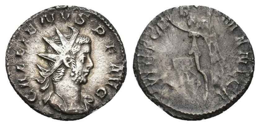 407   -  IMPERIO ROMANO. GALIENO. Antoniniano. Lugdunum (258-259). A/ Busto radiado y acorazado a der.; GALLIENVS P F AVG. R/ Victoria avanzando a izq. pisando enemigo; VIST GERMANICA. VE 3,83 g. 21,2 mm. RIC-45. MBC/BC+.