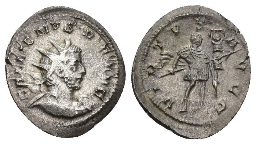 408   -  IMPERIO ROMANO. GALIENO. Antoniniano. Lugdunum (258-259). A/ Busto radiado, drapeado y acorazado a der.; GALLIENVS P F AVG. R/ Marte con lanza y estandarte a der.; VIRTVS AVGG. VE 2,51 g. 22,5 mm. RIC-56. MBC-/MBC.