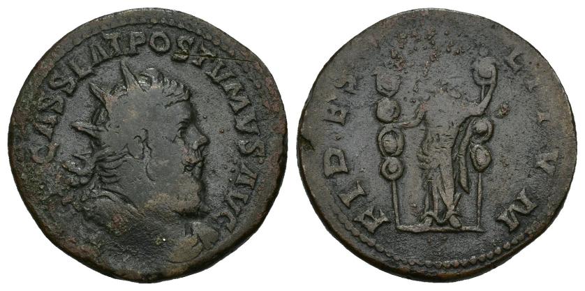 413   -  IMPERIO ROMANO. PÓSTUMO. Sestercio. Lugdunum (260-269). A/ Busto radiado, drapeado y acorazado a der.; (IMP C M) CASS LAT POSTVMVS AVG. R/ Fides a izq. con un estandarte en cada mano; FIDES (MI)LITVM. AE 25,08 g. 33,6 mm. RIC-127. Rayita en anv. y vanos. BC+. 