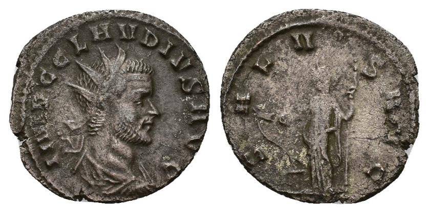 416   -  IMPERIO ROMANO. CLAUDIO II. Antoniniano. Roma (268-270). A/ Busto radiado, drapeado y acorazado a der.; IMP C CLAVDIVS AVG. R/ Salus a izq. alimentando serpiente en altar; SALVS AVG. VE 2,38 g. 20 mm. RIC-98. Hojitas. MBC/MBC-. 