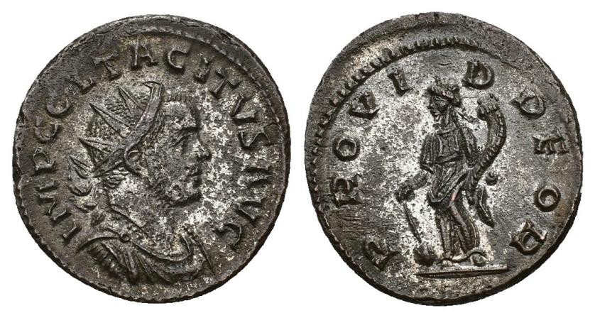 419   -  IMPERIO ROMANO. TÁCITO. Antoniniano. Galia (275-276). A/ Busto radiado, drapeado y acorazado a der.; IMP C C L TACITVS AVG. R/ Providentia a izq. con cornucopia y timón sobre globo; PROVID DEOR. VE 4,19 g. 22,3 mm. RIC-49. Porosidades. MBC+.