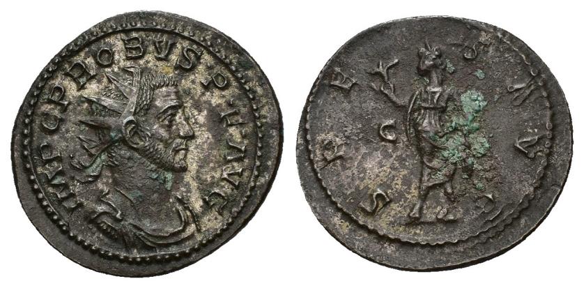 420   -  IMPERIO ROMANO. PROBO. Antoniniano. Lugdunum (276-282). A/ Busto radiado y acorazado a der.; IMP C PROBVS P F AVG. R/ Spes con flor a izq.; SPES AVG, en campo a izq. C. VE 4,63 g. 24,5 mm. RIC-128. Oxidaciones. MBC+.