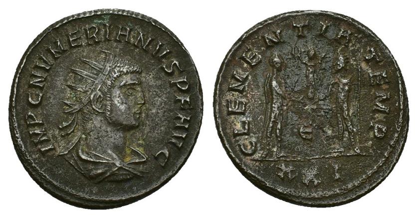 424   -  IMPERIO ROMANO. NUMERIANO. Antoniniano. Cyzicus (283-284). A/ Busto radiado y drapeado a der.; IMP C NVMERIANVS P F AVG. R/ Numeriano a der. recibiendo Victoria de Júpiter a izq.; CLEMENTIA TEMPORVM, en campo E, exergo XXI. VE 3,91 g. 21,1 mm. RIC-463. Leves erosiones en rev. MBC.