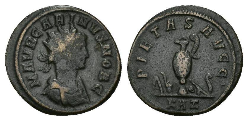 425   -  IMPERIO ROMANO. CARINO. Antoniniano. Roma (282-283). A/ Busto radiado, drapeado y acorazado a der.; M AVR CARINVS NOB C. R/ Instrumentos sacerdotales; PIETAS AVGG, exergo KAZ. VE 3,78 g. 20,99 mm. RIC-156. MBc-.