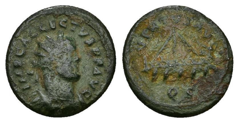 426   -  IMPERIO ROMANO. ALECTO. Quinario. Camulodunum (293-296). A/ Busto radiado y acorazado a der.; IMP C ALLECTVS P F AVG. R/ Galera; VIRTVS AVG, exergo QC. AR 2,93 g. 19,1 mm. RIC-130. Pátina verde. BC+. Escasa.