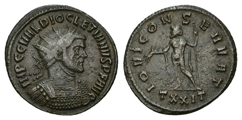 428   -  IMPERIO ROMANO. DIOCLECIANO. Antoniniano. Ticinum (285). A/ Busto acorazado a der.; IMP C C VAL DIOCLETIANVS P F AVG. R/ Júpiter a izq. con cetro y haz de rayos; IOVI CONSERVAT, exergo TXXXIT. VE 3,46 g. 22,2 mm. RIC-222. MBC-. 