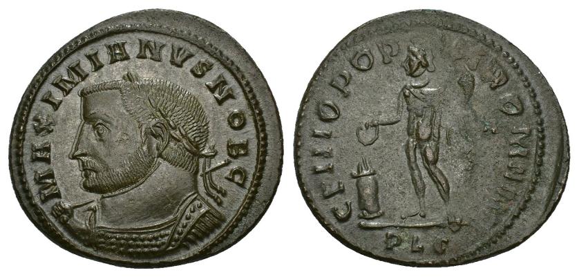 429   -  IMPERIO ROMANO. GALERIO. Follis. Lugdunum (301-303). A/ Busto laureado, acorazado y con cetro a izq.; MAXIMIANVS NOB C. R/ Genio a izq. con pátera y cornucopia ofrendando en altar; GENIO POPVLI ROMANI, A/PLC. AE 11,66 g. 30 mm. RIC-164b. Acuñación floja en rev. EBC.