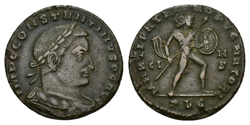 430   -  IMPERIO ROMANO. CONSTANTINO I. Follis. Lugdunum (308-309). A/ Busto laureado, drapeado y acorazado a der.; IMP C CONSTANTINVS P F AVG. R/ Marte avanzando a der. con lanza y escudo; CI-H/S//PLG. AE 5,95 g. 24,3 mm. RIC-295. MBC+.