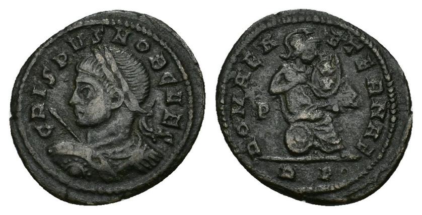 443   -  IMPERIO ROMANO. CRISPO. Follis. Roma (308-309). A/ Busto de espaldas, laureado, con escudo y lanza a izq. R/ Roma sentada a der. con escudo inscrito con X/V; en campo P-R, exergo RP; ROMAE A-ETERNAE. AE 2,93 g. 19,7 mm. RIC-152. MBC/MBC-. 