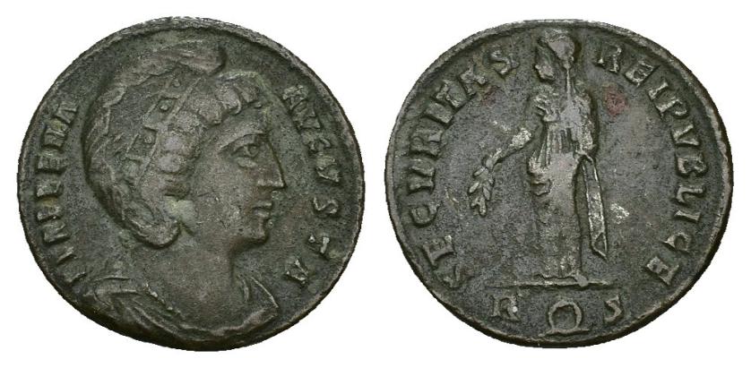 444   -  IMPERIO ROMANO. HELENA (bajo Constantino I) Follis. Roma (324-328). A/ Busto drapeado y diademado a der.; FL HELENA AVGVSTA. R/ Securitas a izq.; SECVRITAS REI PVBLICE, exergo R (láurea) S. AE 2,69 g. 19,3 mm. RIC-291. MBC-. 