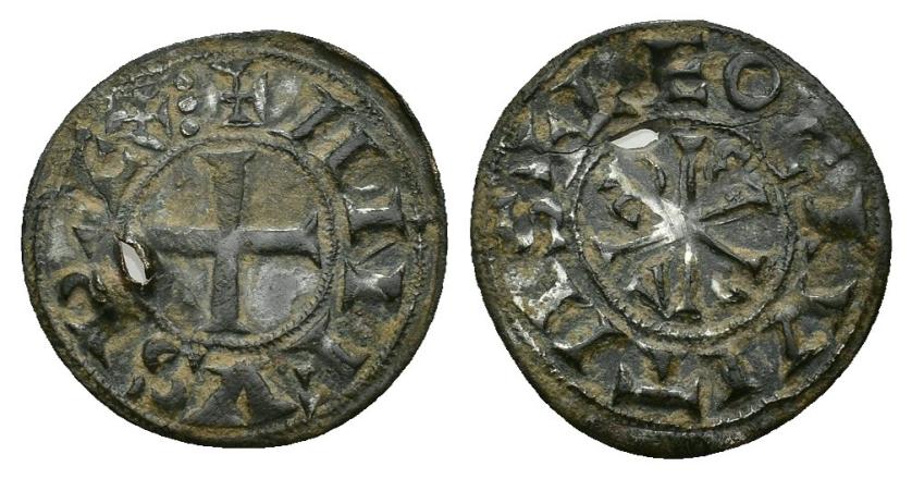 461   -  REINOS DE CASTILLA Y LEÓN. ALFONSO VI. Dinero. León. A/ Ley. terminada en tres puntos. R/ Omega a izq, y A a der. VE 1,14 g. 19,5 mm. III-3,1. MM-A6:12:18. Perforación. MBC+.