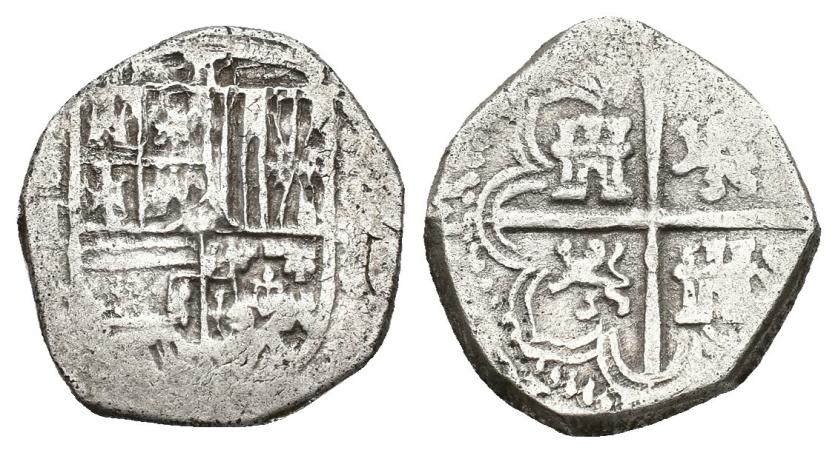 487   -  FELIPE II. 2 reales. 1593 o 5. Sevilla (B). Datos poco visibles. AR 6,85 g. 21,5 mm. AC-tipo 96. MBC-.