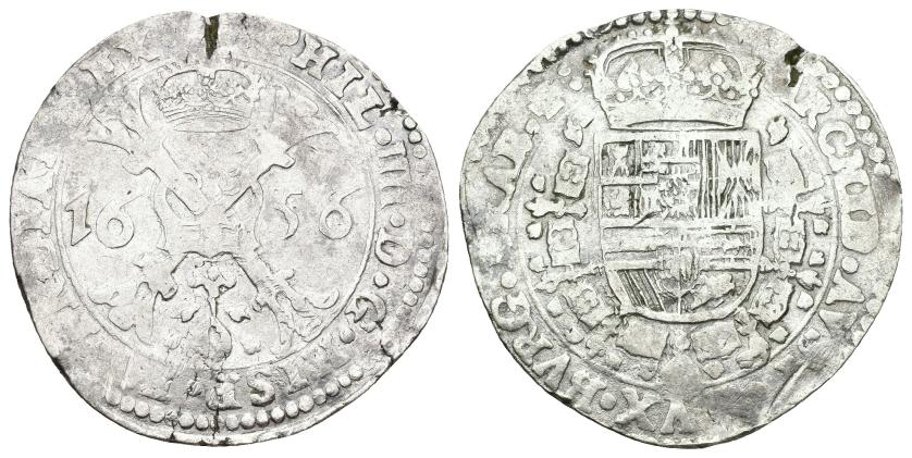 514   -  FELIPE IV. Patagón. 1656. Marca de ceca no visible. AR 27,75 g. 44,6 mm. Vanhoudt-645. Delm-293. Cospel abierto. MBC-. 