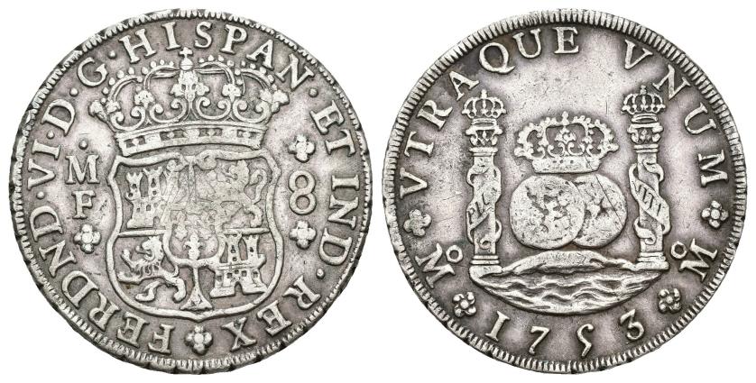 524   -  FERNANDO VI. 8 reales. 1753. México. MF. AR 27,04 g. 39,8 mm- VI-361. Acuñación floja en anv. y rayitas de acuñación en rev. MBC.