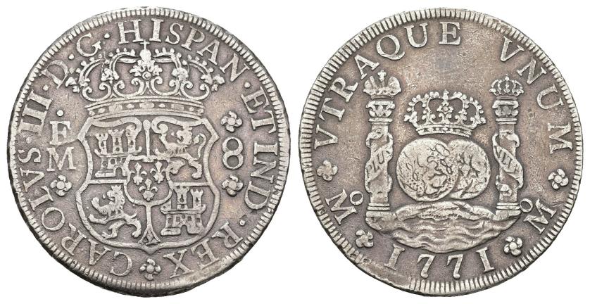 535   -  CARLOS III. 8 reales. 1771. México. FM. AR 26,29 g. 40,3mm. VI-930. MBC/MBC-. 