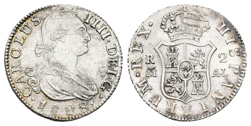 537   -  CARLOS IV. 2 reales. 1808. Madrid. AI. AR 5,76 g. 25,5 mm. VI-515. Rayas de acuñación. MBC+/EBC-. 