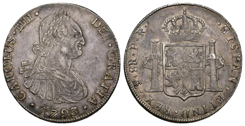 543   -  CARLOS IV. 8 reales. 1793. Potosí. PR. AR 27,15 g. 41,5 mm. VI-812. Finas rayas. MBC.