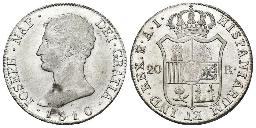 552   -  JOSÉ I BONAPARTE. 20 reales. 1810. Madrid. AI. Águila grande. AR 26,84 g. 40 mm. VI-31. Pequeña oxidación en anv. Leve vano en escudete. B.O. EBC+. 