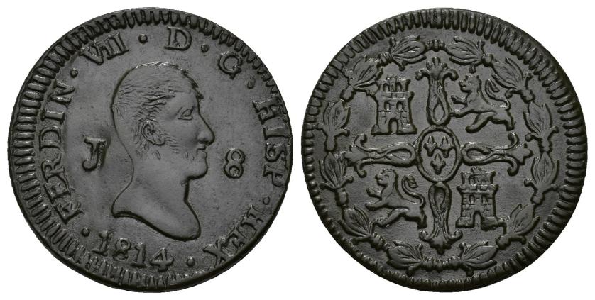 555   -  FERNANDO VII. 8 maravedís. 1814. Jubia. AE 10,38 g. 29,5 mm. VI-201. Pátina oscura. EBC-.