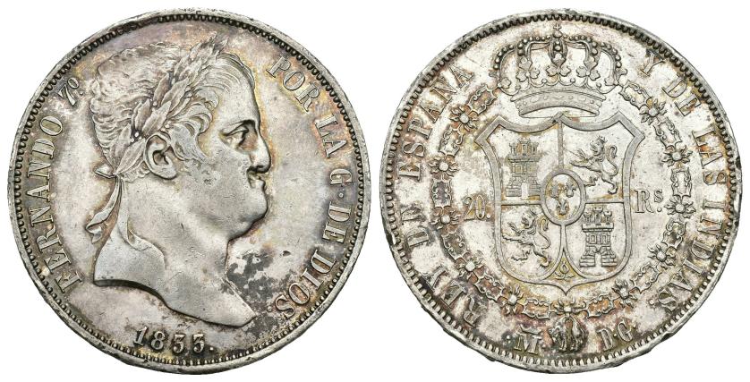 559   -  FERNANDO VII. 20 reales. 1833. Madrid. DG. AR 26,96 g. 37,8 mm. VI-1078. Manchitas de óxido y golpecitos. R.B.O. EBC-. Muy rara.