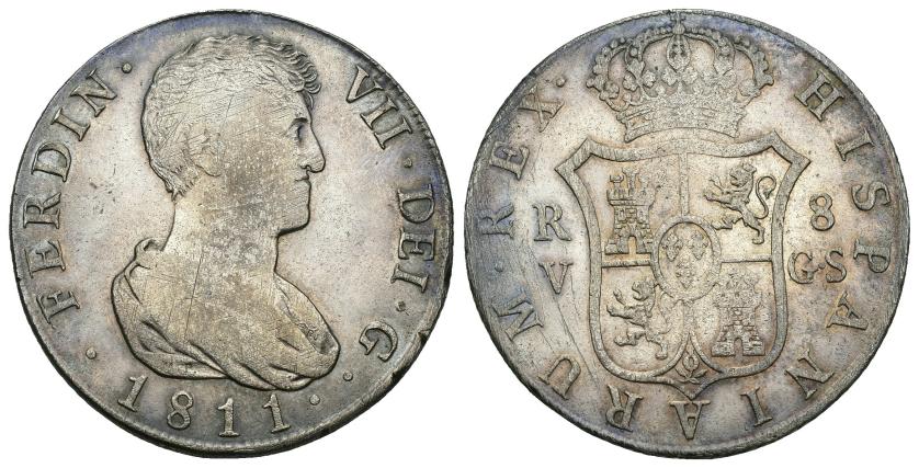 561   -  FERNANDO VII. 8 reales. 1811. Valencia. GS. AR 26,36 g. 38,8 mm. VI-1186. Acuñación floja. Múltiples rayitas. MBC-. Rara.