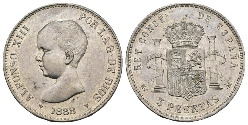 591   -  ALFONSO XIII. 5 pesetas. 1888. MPM. AR 25 g. 37,6 mm. VII-178. Pequeñas marcas. R.B.O. EBC.