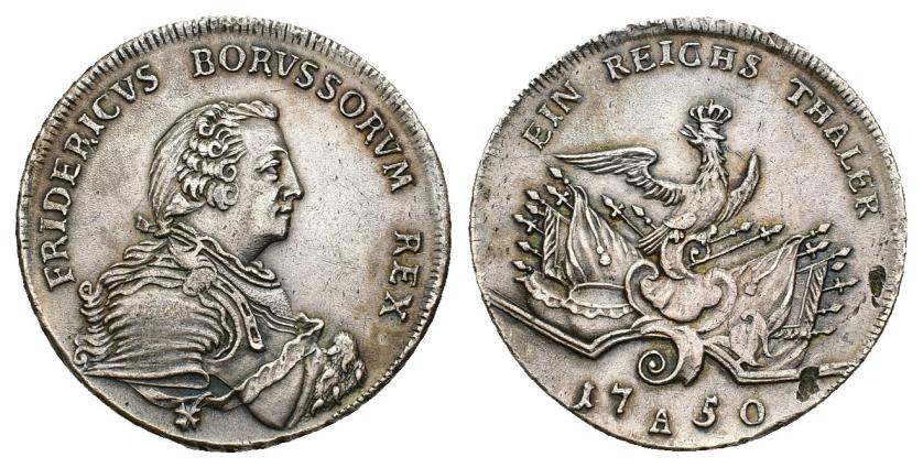 620   -  MONEDAS EXTRANJERAS. ESTADOS ALEMANES. PRUSIA. Federico II. Tálero. 1750. A. AR 31,88 g. 37,4 mm. KM-255. Limadura en canto y erosiones en rev. MBC+.