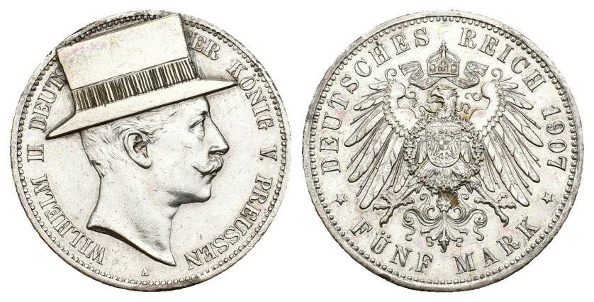 621   -  MONEDAS EXTRANJERAS. ESTADOS ALEMANES. PRUSIA. Guillermo II. 5 marcos. 1907-A. con sombrero de copa superpuesto sobre la cabeza. AR 28,75 g. 38,1 mm. KM-523. EBC-.