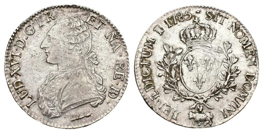 648   -  MONEDAS EXTRANJERAS. FRANCIA. Luis XVI. 1 écu. 1785. Pau. Marca de ceca vaca. KM-572. Dav-1334. Leve plata agria y rayas de ajuste. MBC+.