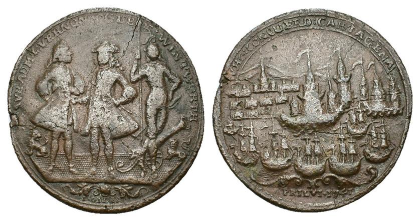 655   -  MONEDAS EXTRANJERAS. GRAN BRETAÑA. Medalla del almirante Vernon. Toma de Cartagena. 1741. AE 11,77 g. 37 mm. Golpe en canto. BC+/MBC-. 