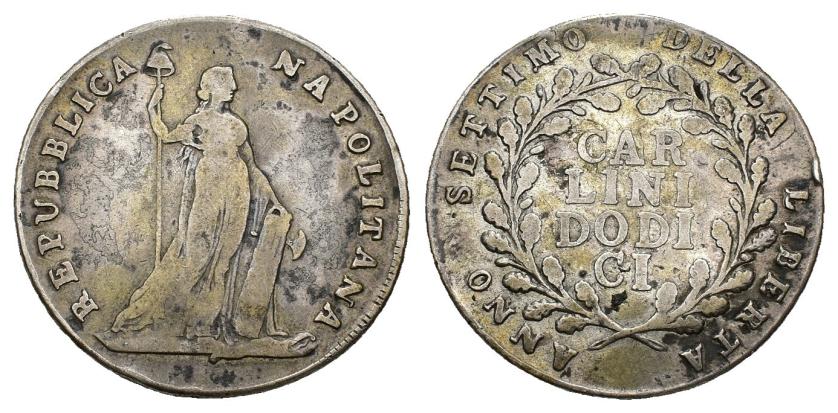 664   -  MONEDAS EXTRANJERAS. ITALIA. NÁPOLES. 12 carlinos. Año séptimo de la libertad (1799). AR 27 g. 38,4 mm. C-84.2. BC+/MBC-. 