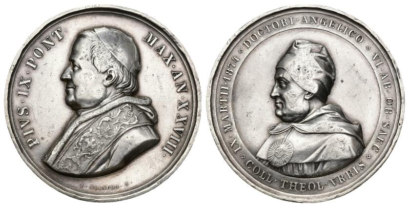 666   -  MONEDAS EXTRANJERAS. ESTADOS ITALIANOS. ESTADOS PAPALES. Pío IX. Medalla año XXVIII. 1874. 600 años de la muerte de Santo Tomás de Aquino. Grabador: I. Bianchi. AR 34,40 g. 43,4 mm. Pequeñas marcas. MBC+.