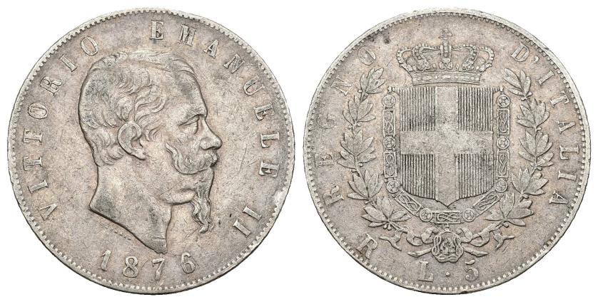 670   -  MONEDAS EXTRANJERAS. ITALIA. Víctor Manuel II. 5 liras. 1876. AR 24,78 g. 37 mm. KM-8.4. Golpes en canto. MBC/MBC-.